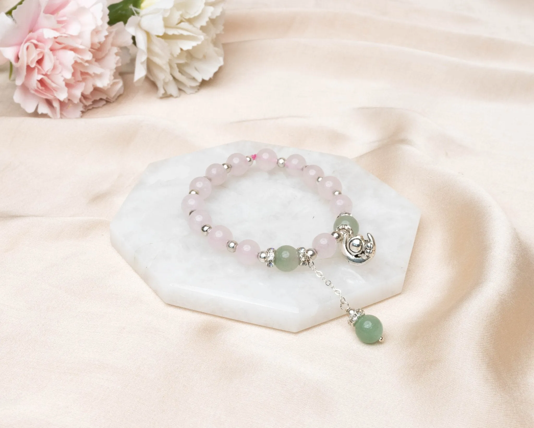 Rose Quartz, Green Aventurine With Silver Hanging Charm