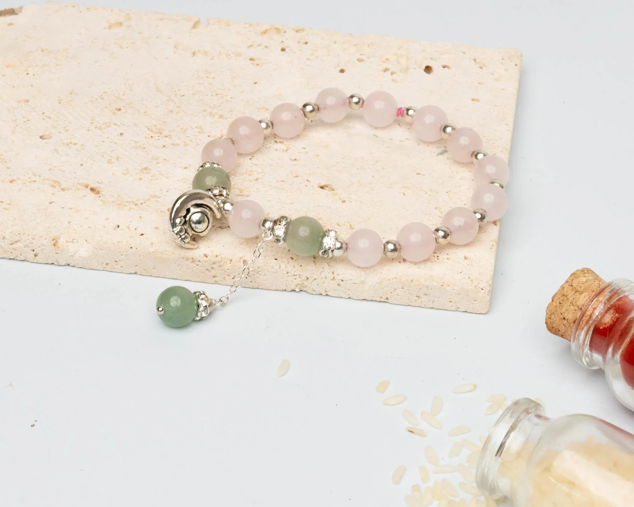 Rose Quartz, Green Aventurine With Silver Hanging Charm