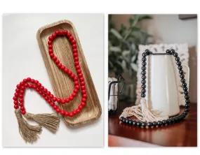 Set of 2 Black and Red Wooden Bead Garlands with Tassels