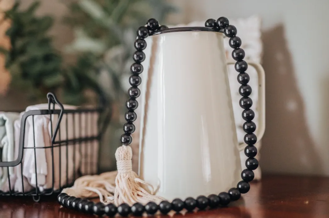 Set of 2 Black and Red Wooden Bead Garlands with Tassels