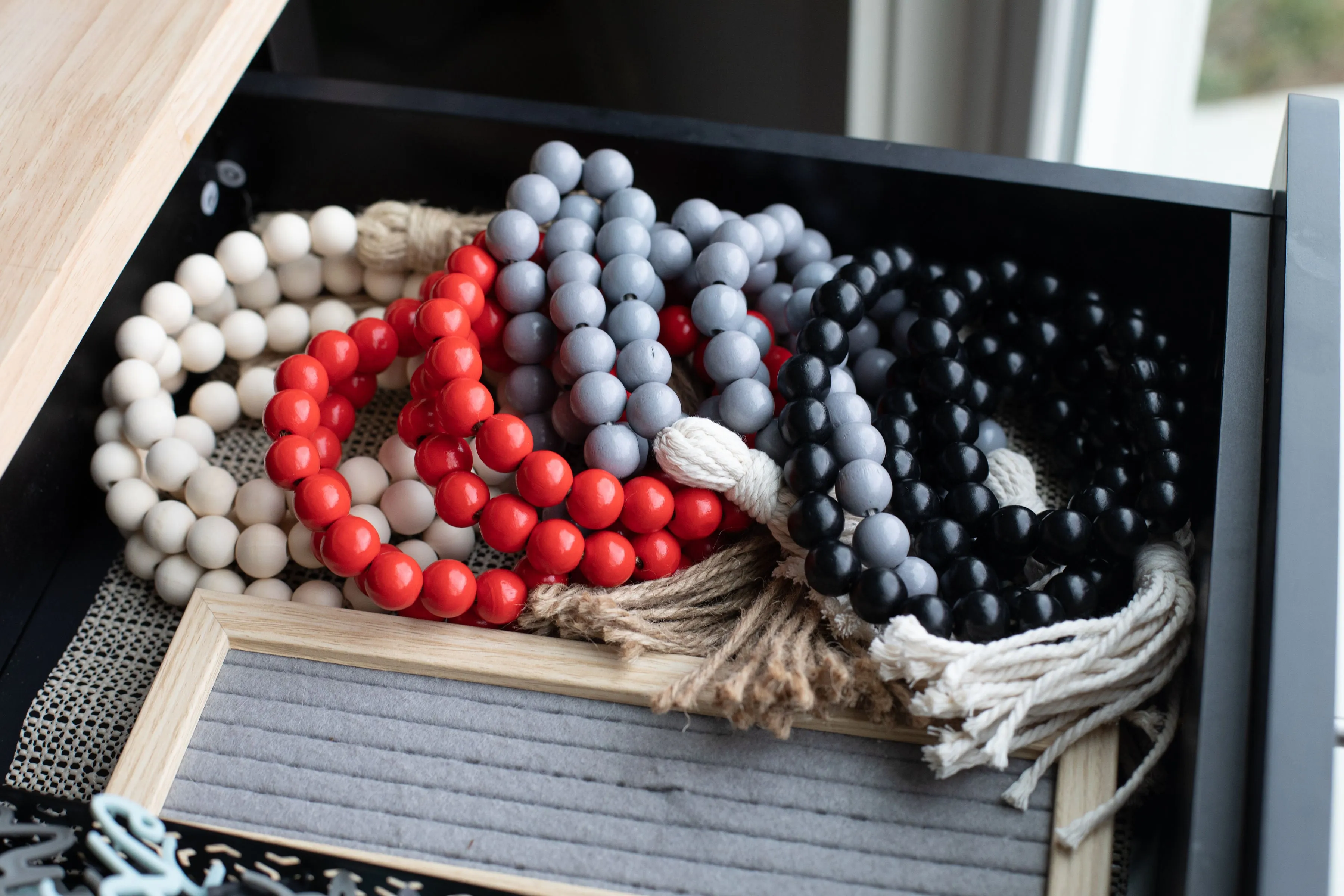 Set of 2 Black and Red Wooden Bead Garlands with Tassels