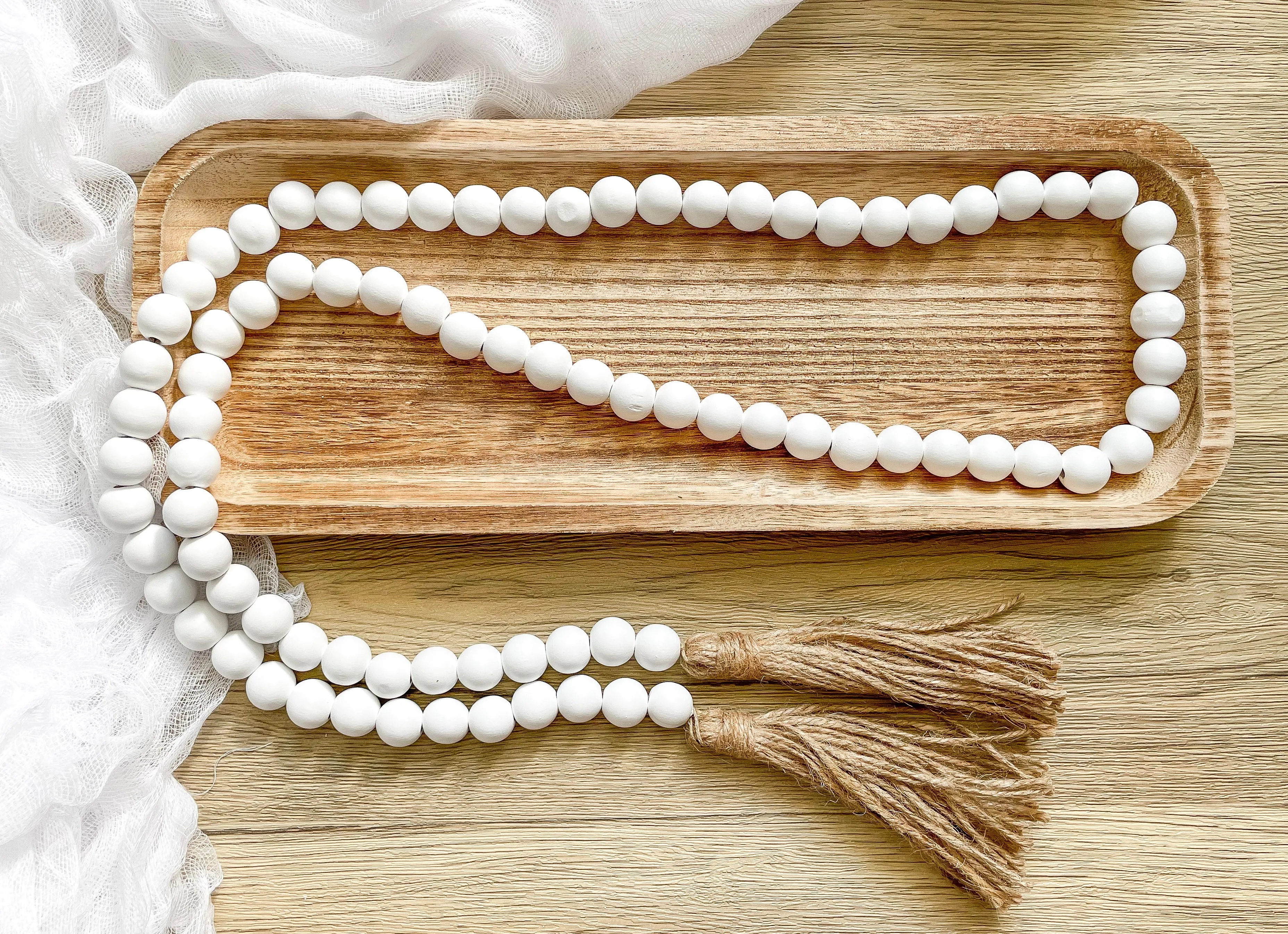 Set of 2 White and Black Wooden Bead Garlands with Tassels