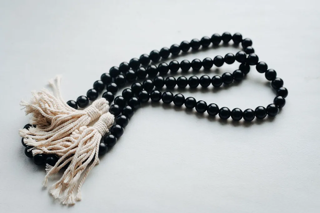 Set of 2 White and Black Wooden Bead Garlands with Tassels