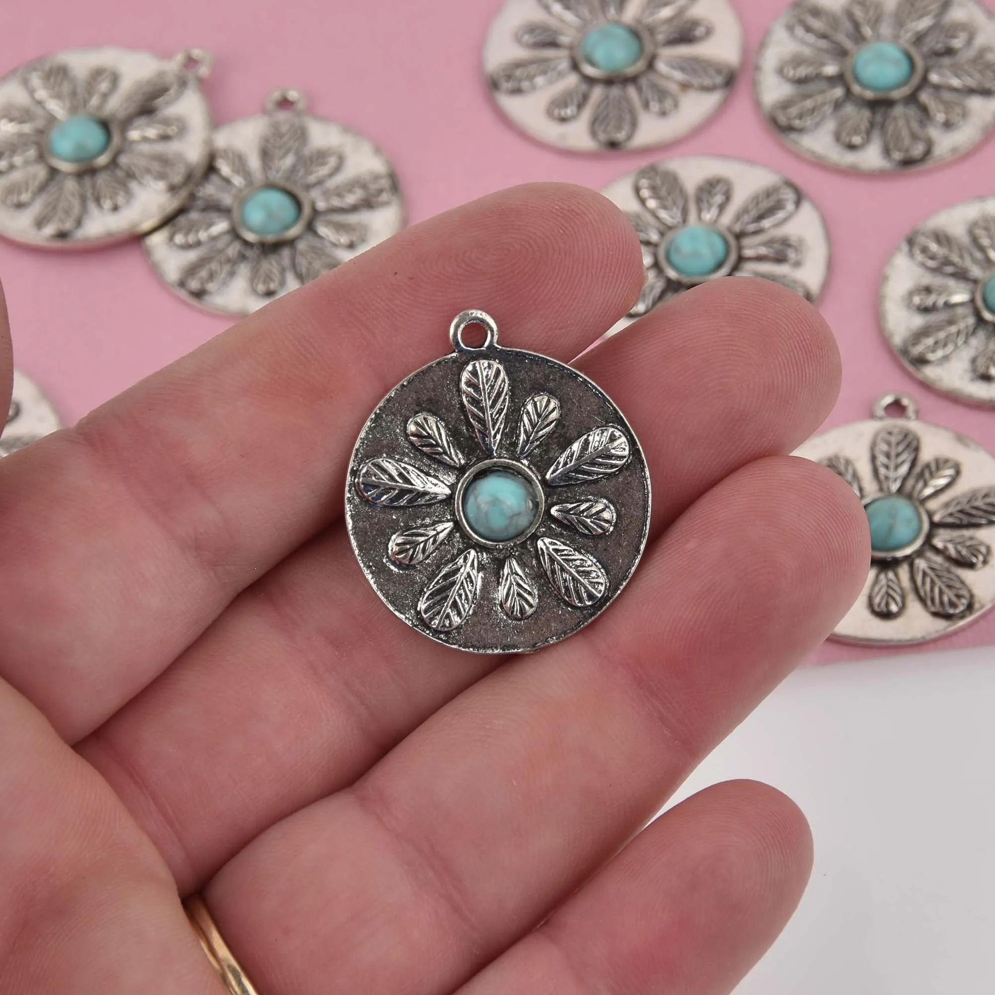 Silver Feather Charms with Faux Turquoise, 30x27mm, chs8427