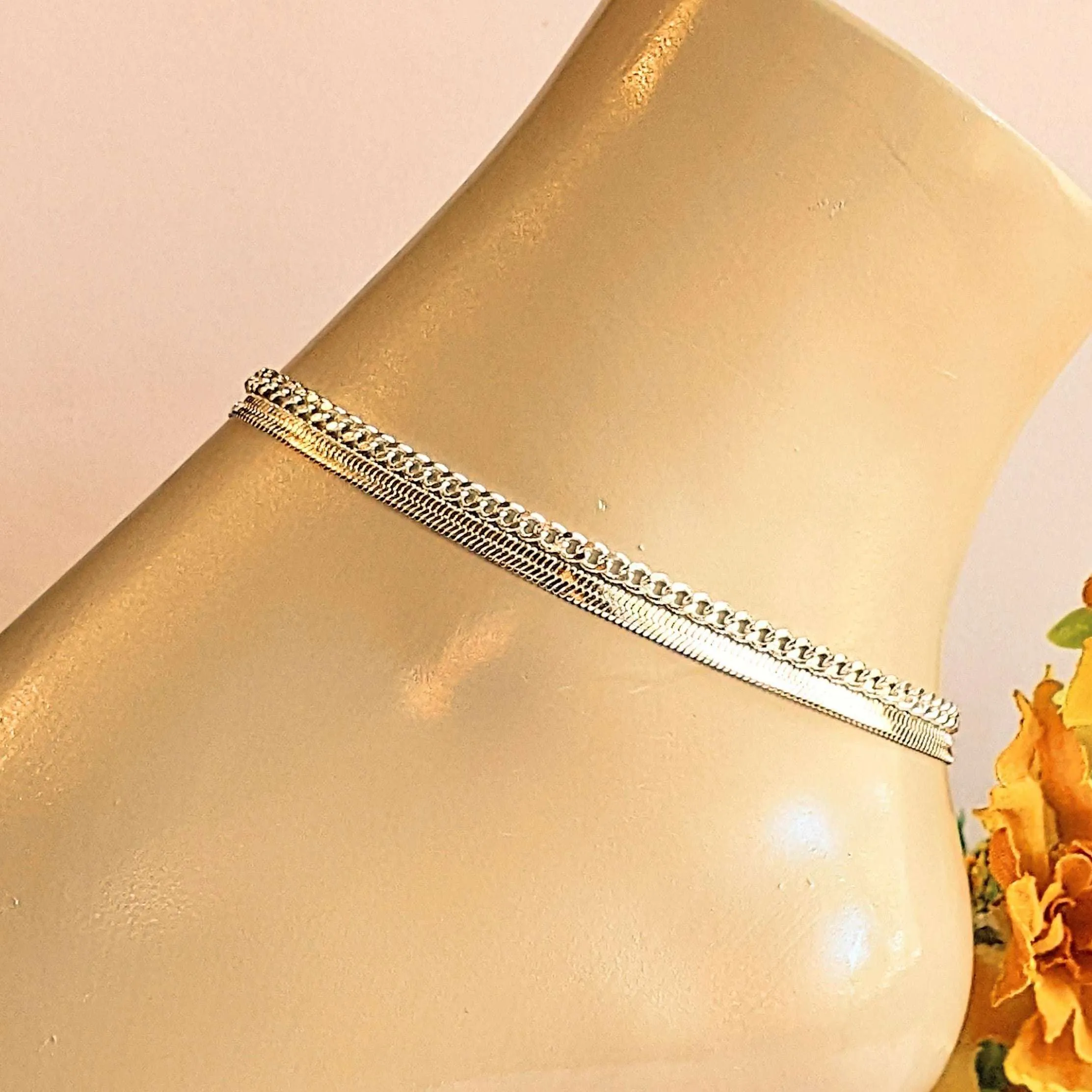 Silver Herringbone Chain Anklet