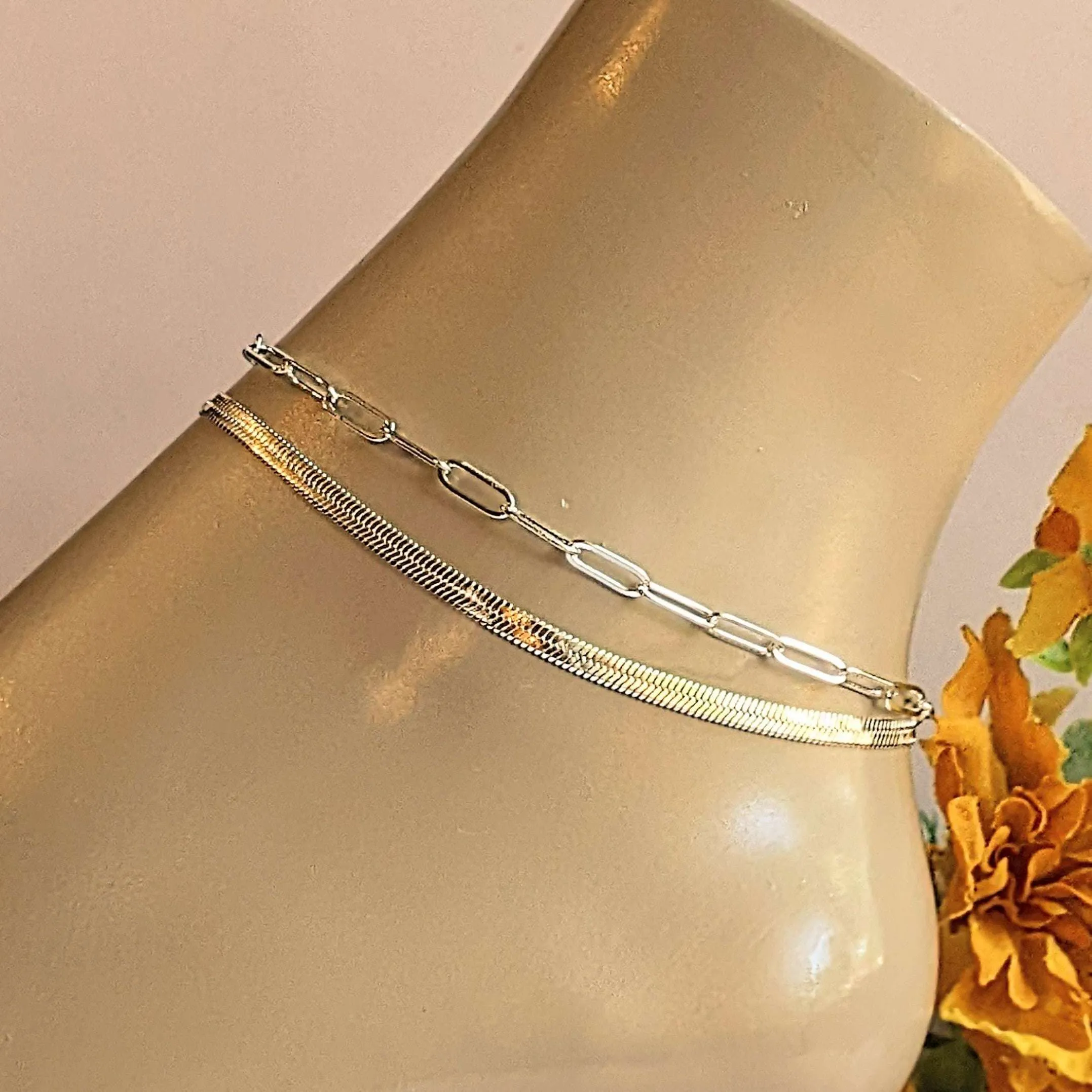 Silver Herringbone Chain Anklet