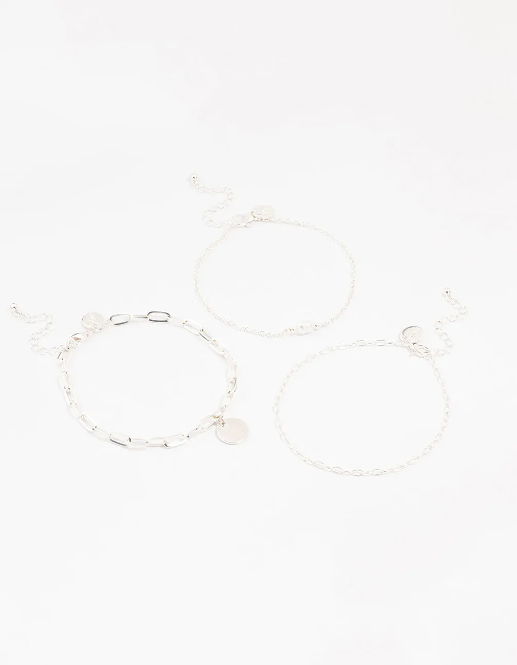 Silver Pearl Disc Drop Anklets 3-Pack