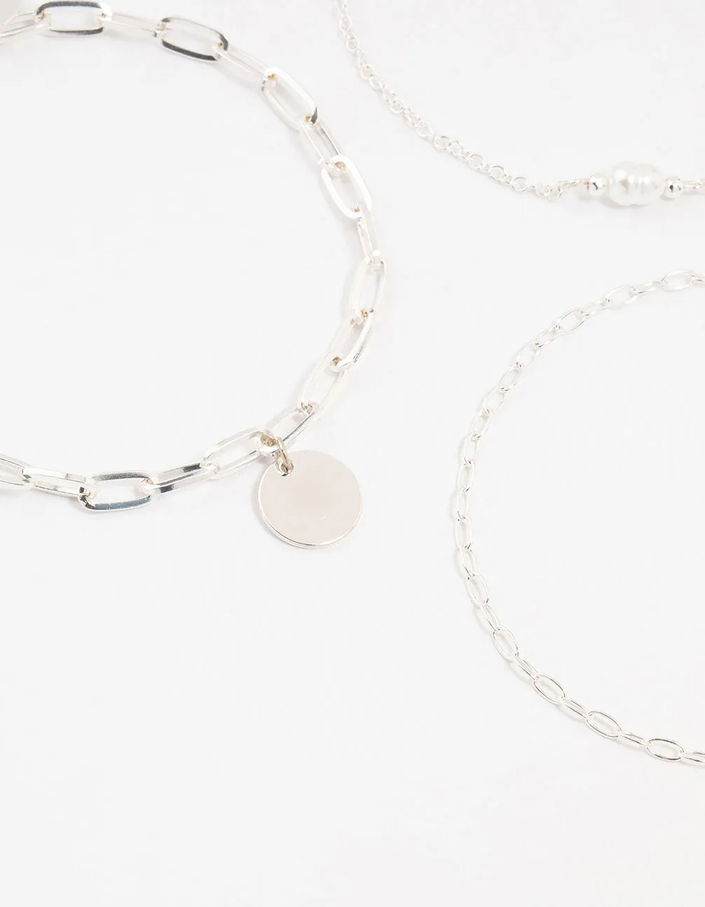 Silver Pearl Disc Drop Anklets 3-Pack
