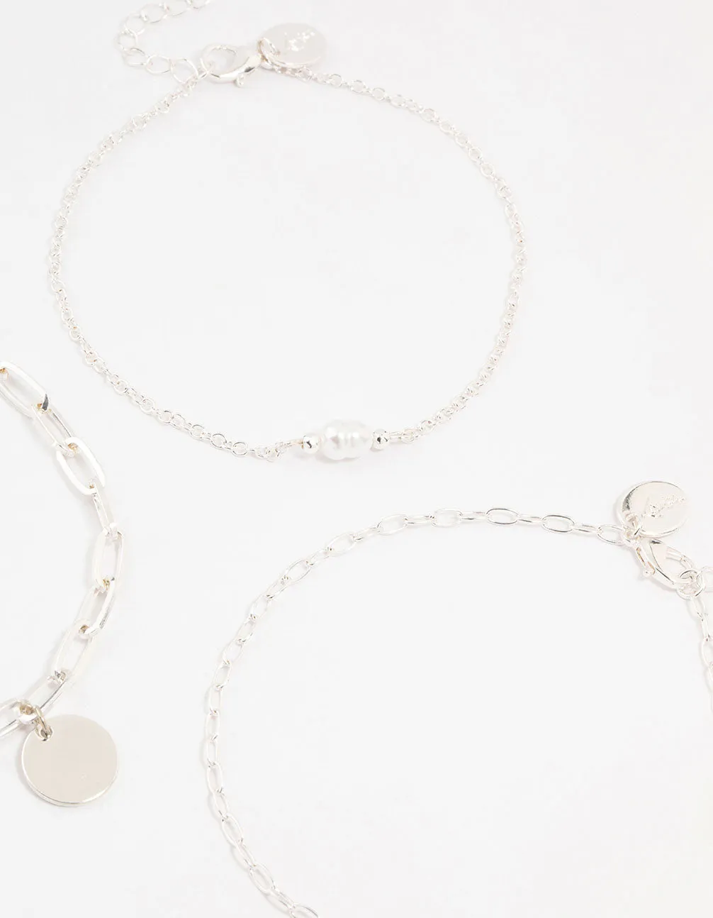 Silver Pearl Disc Drop Anklets 3-Pack