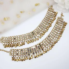 Simran - Antique Gold Mirrored and pearl Anklet With Bell