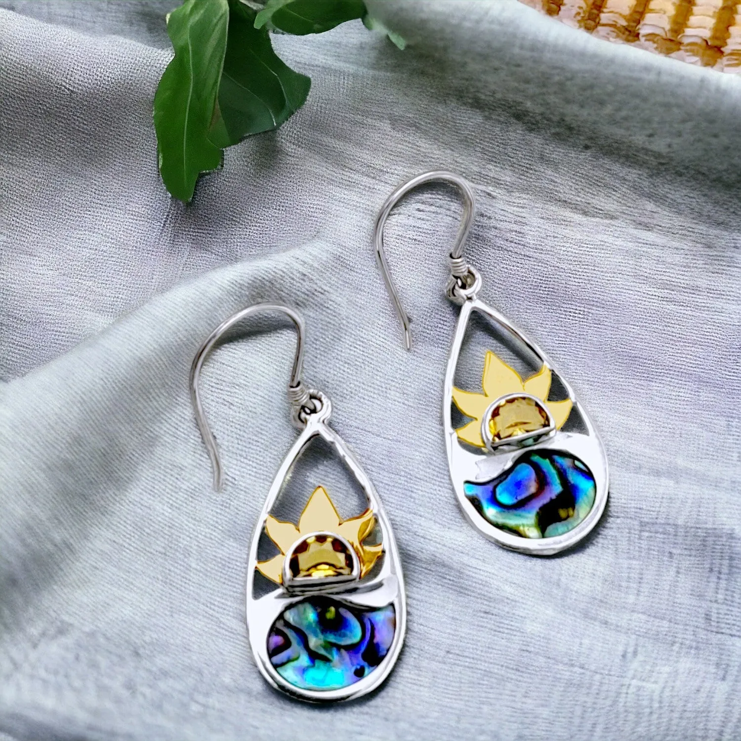 Sterling Silver and Abalone Sunset Teardrop Dangle Earrings | Handmade Hypoallergenic Boho Beach Gala Wedding Style Sterling Earrings