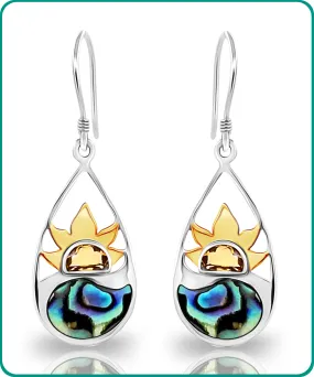 Sterling Silver and Abalone Sunset Teardrop Dangle Earrings | Handmade Hypoallergenic Boho Beach Gala Wedding Style Sterling Earrings