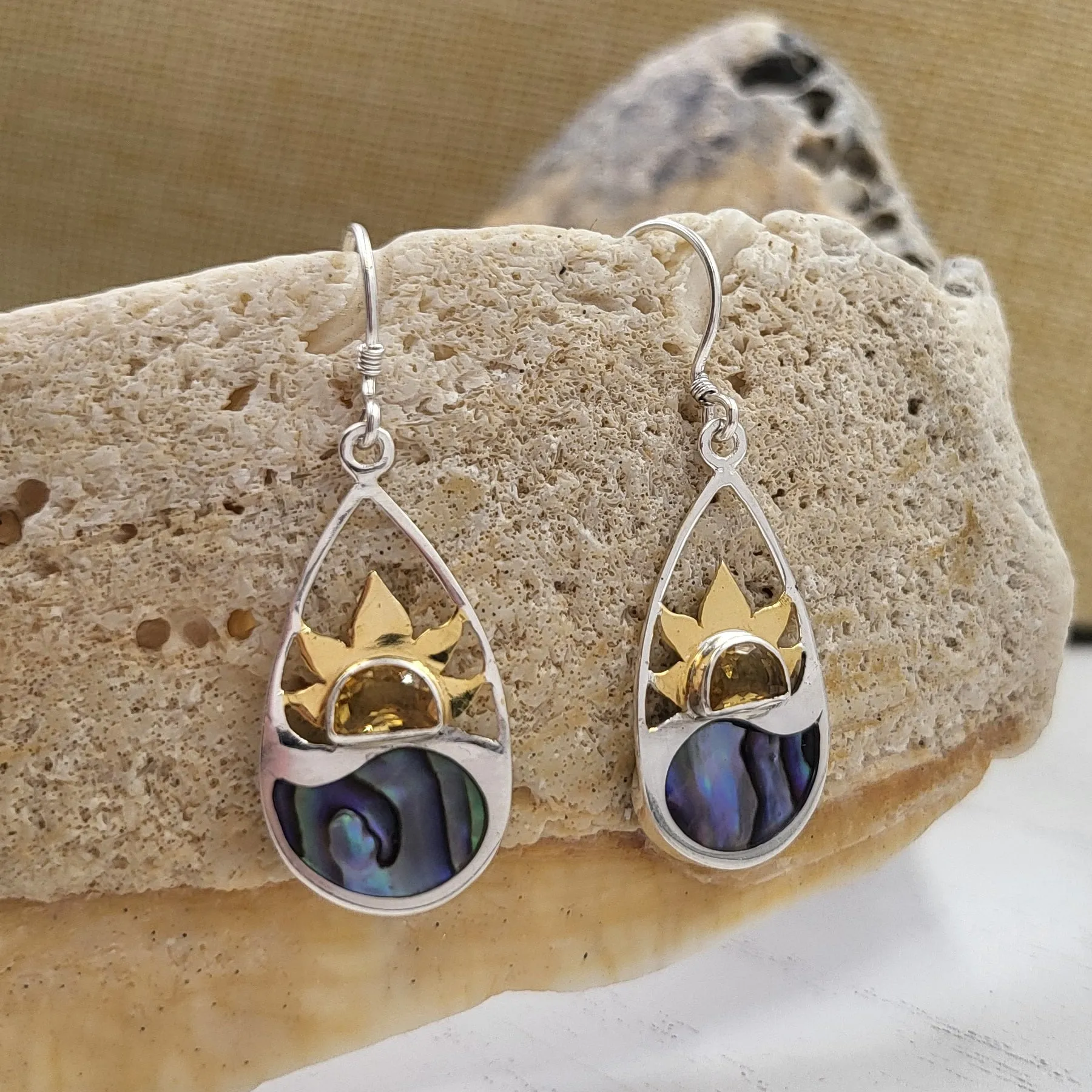 Sterling Silver and Abalone Sunset Teardrop Dangle Earrings | Handmade Hypoallergenic Boho Beach Gala Wedding Style Sterling Earrings