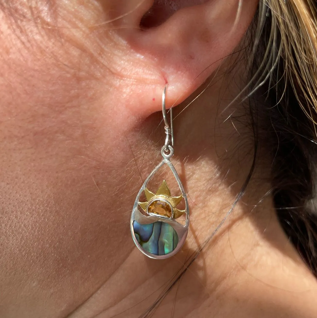 Sterling Silver and Abalone Sunset Teardrop Dangle Earrings | Handmade Hypoallergenic Boho Beach Gala Wedding Style Sterling Earrings