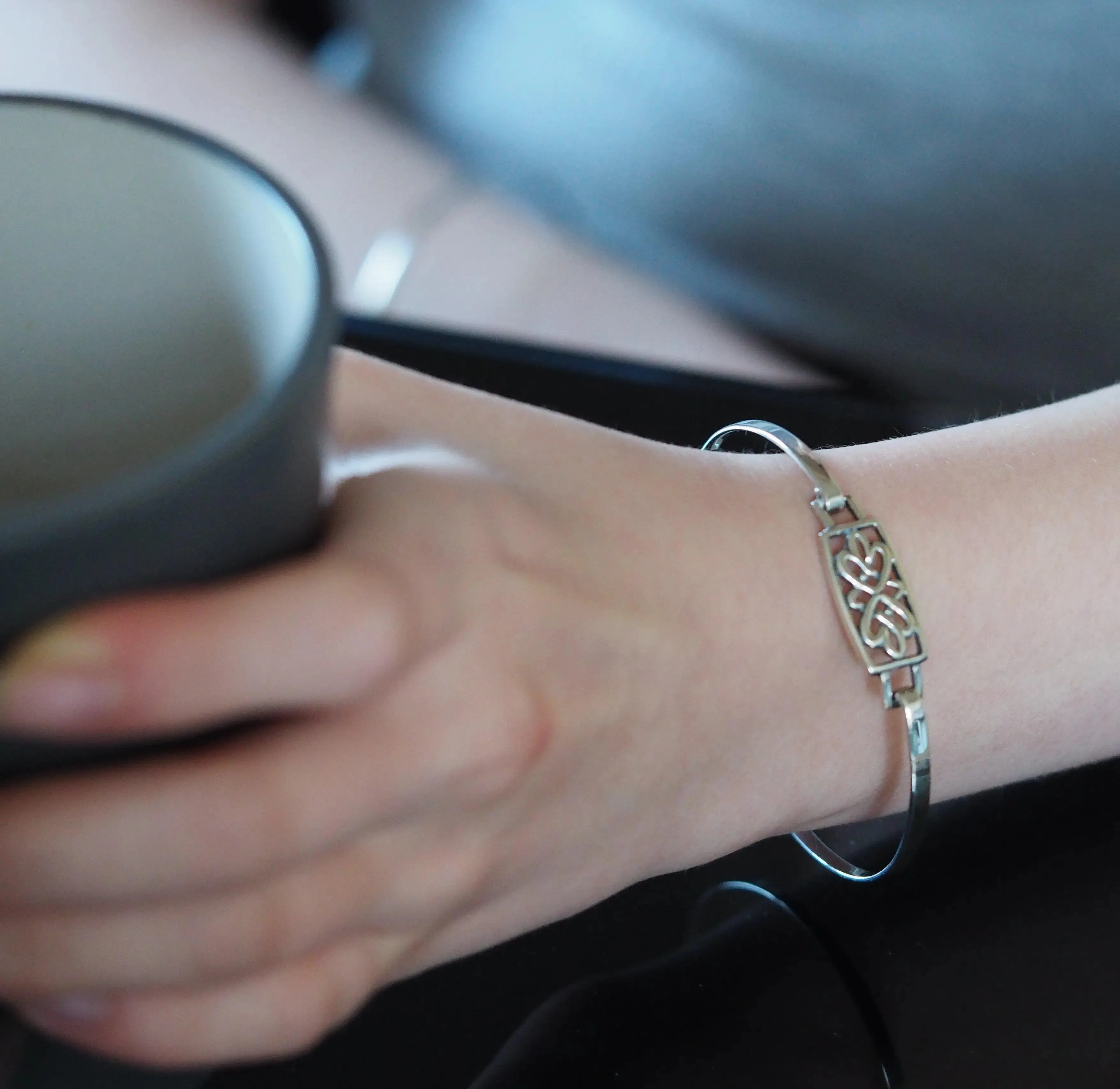Sterling Silver Cut Out Flower Bangle Engraved
