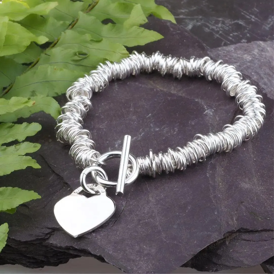 Sterling Silver Multi Link Ring Bracelet Engraved Heart