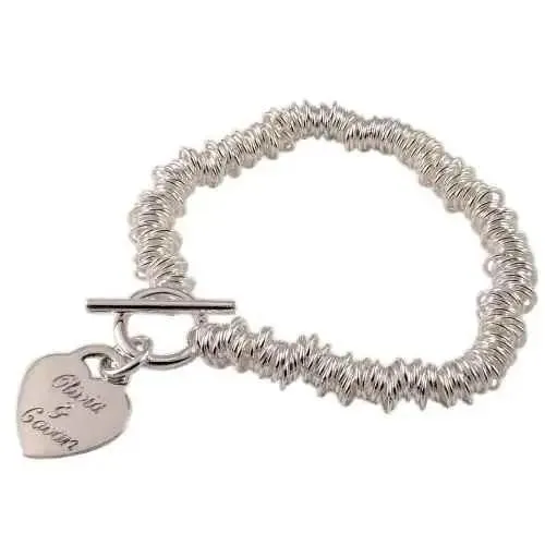 Sterling Silver Multi Link Ring Bracelet Engraved Heart