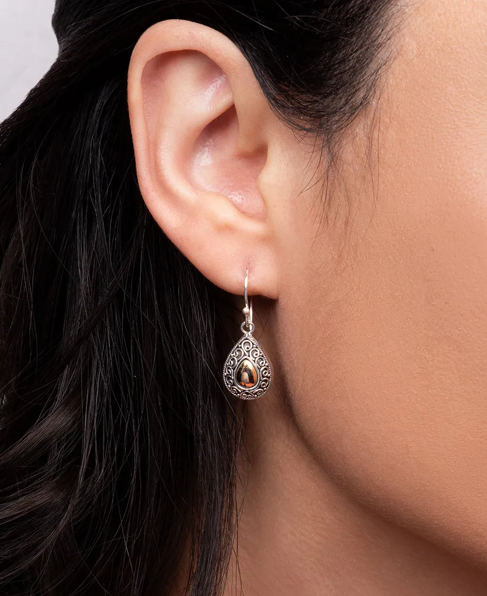 Sterling Silver Teardrop Earrings with Gold-Plated Filigree