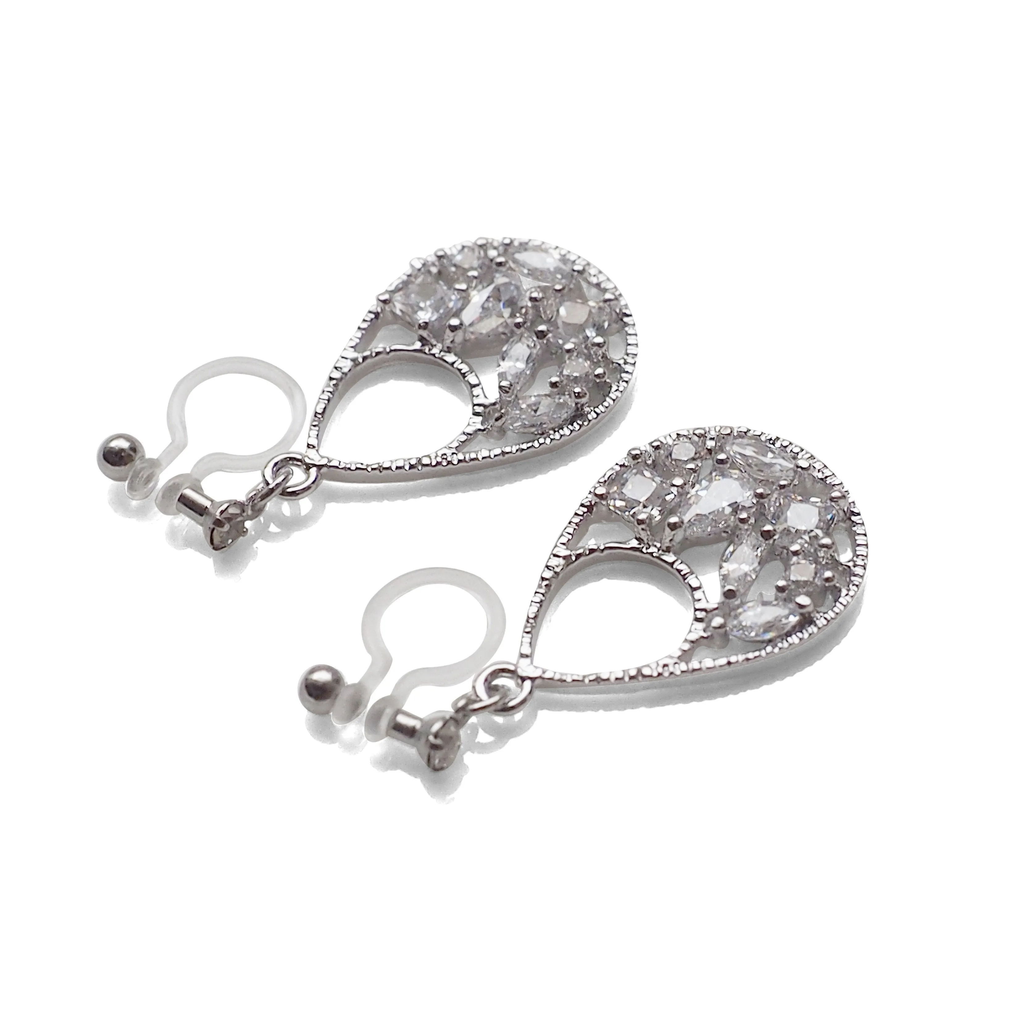 Teardrop filigree cubic zirconia invisible clip on earrings (silver tone)