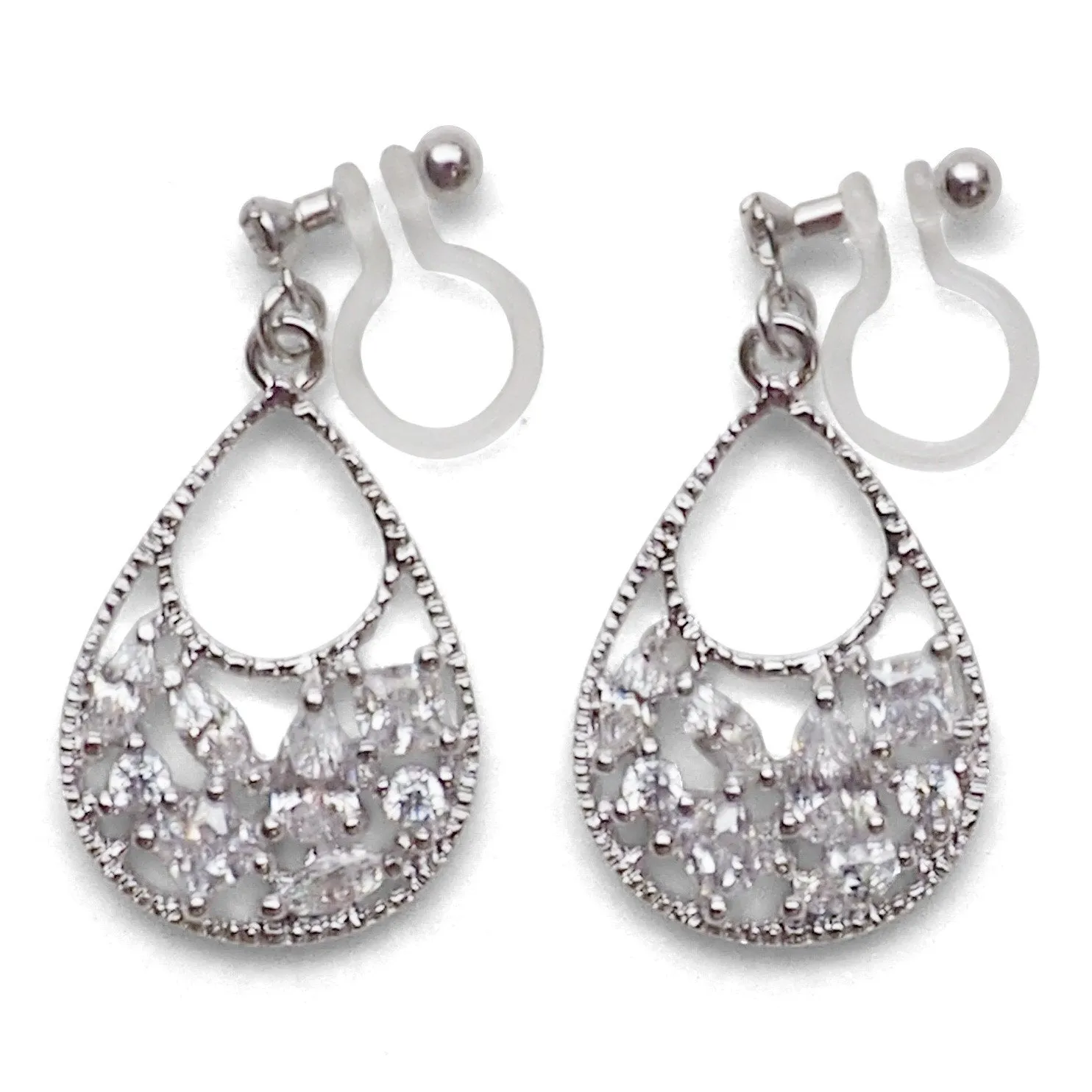 Teardrop filigree cubic zirconia invisible clip on earrings (silver tone)