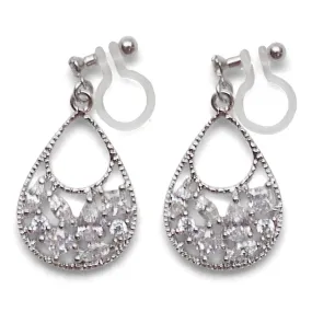 Teardrop filigree cubic zirconia invisible clip on earrings (silver tone)