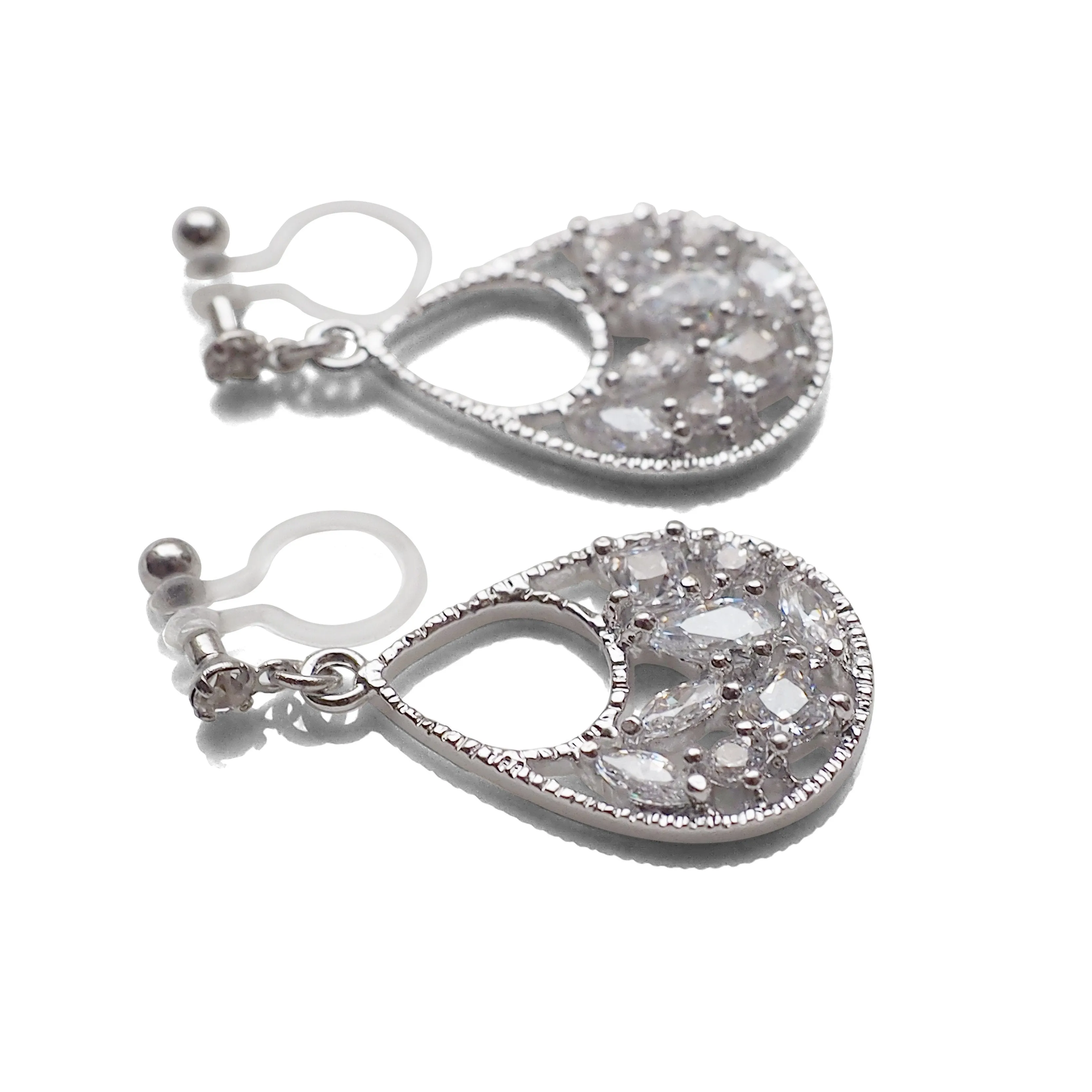 Teardrop filigree cubic zirconia invisible clip on earrings (silver tone)
