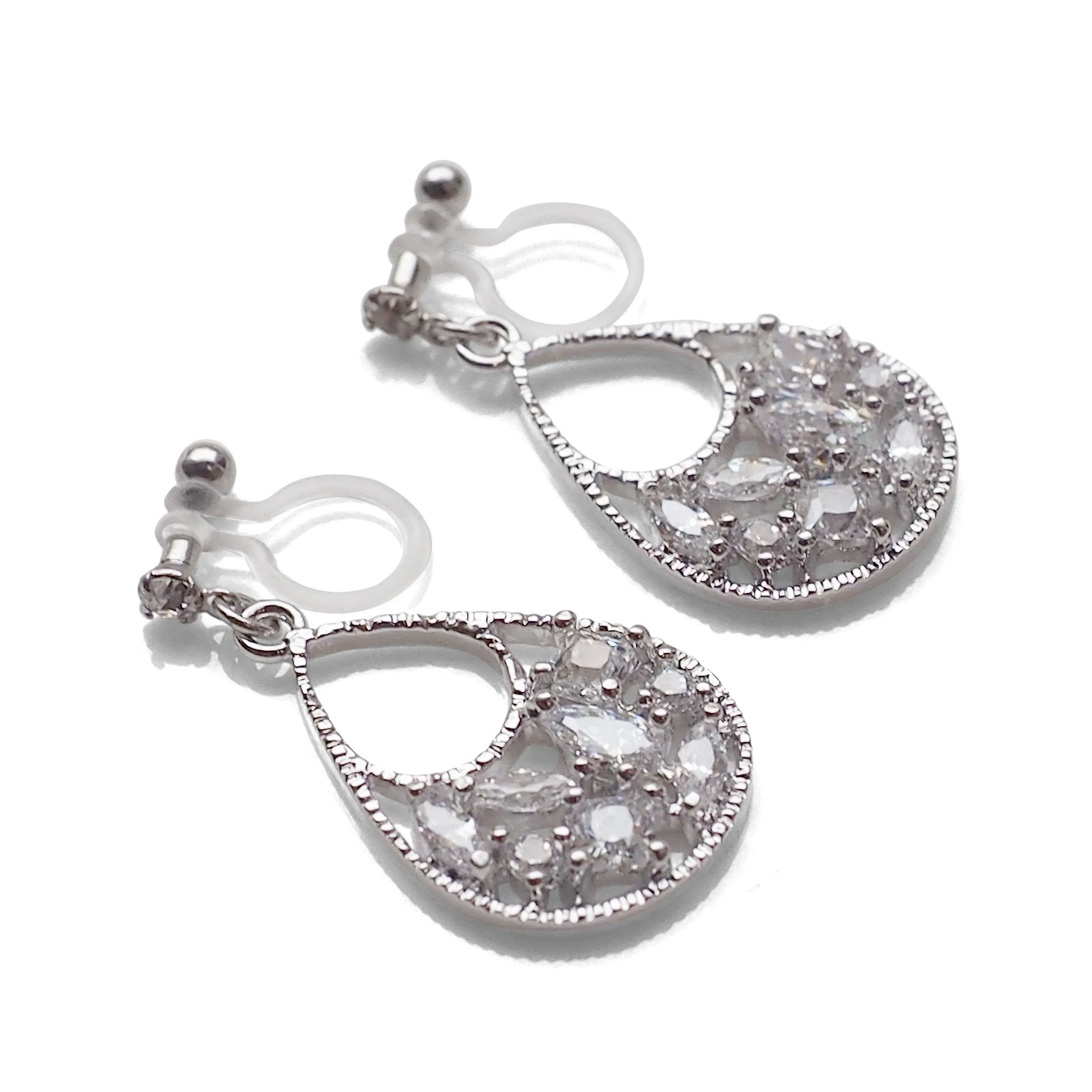 Teardrop filigree cubic zirconia invisible clip on earrings (silver tone)