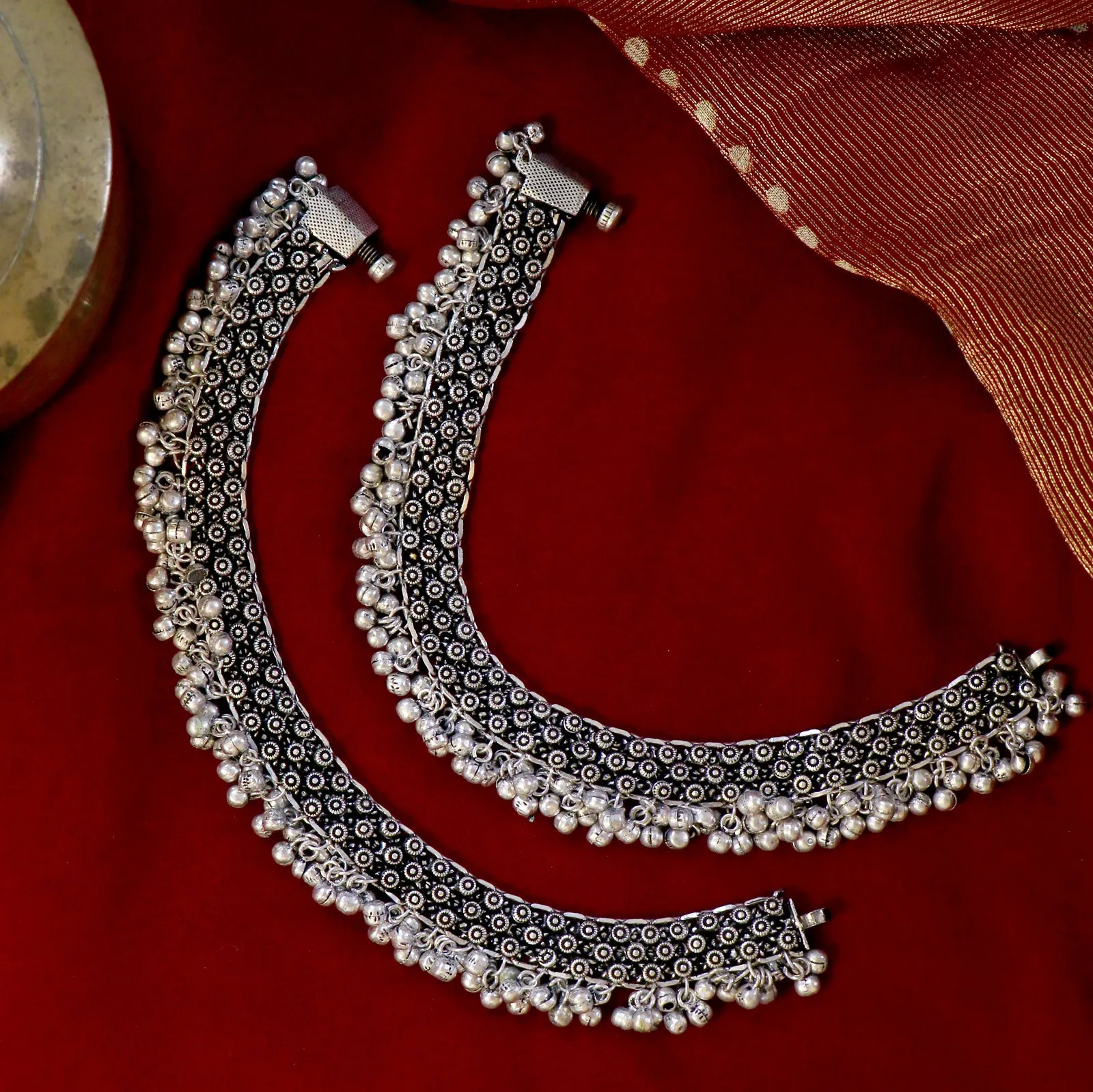 Teejh Veena Rawa Silver Oxidized Ghungroo Anklets