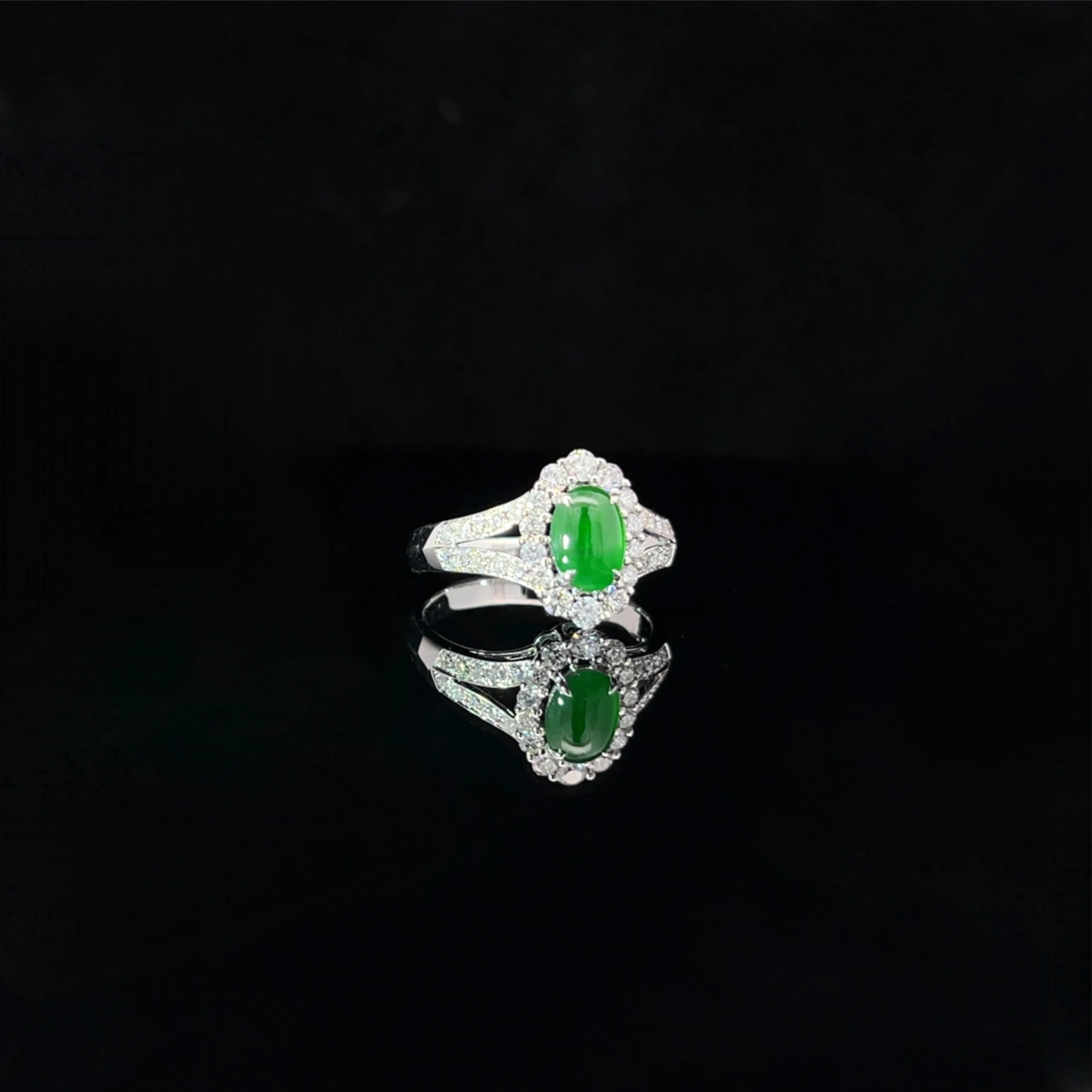 Translucent Burmese Jade and Diamond Ring with Lotus Certificate
