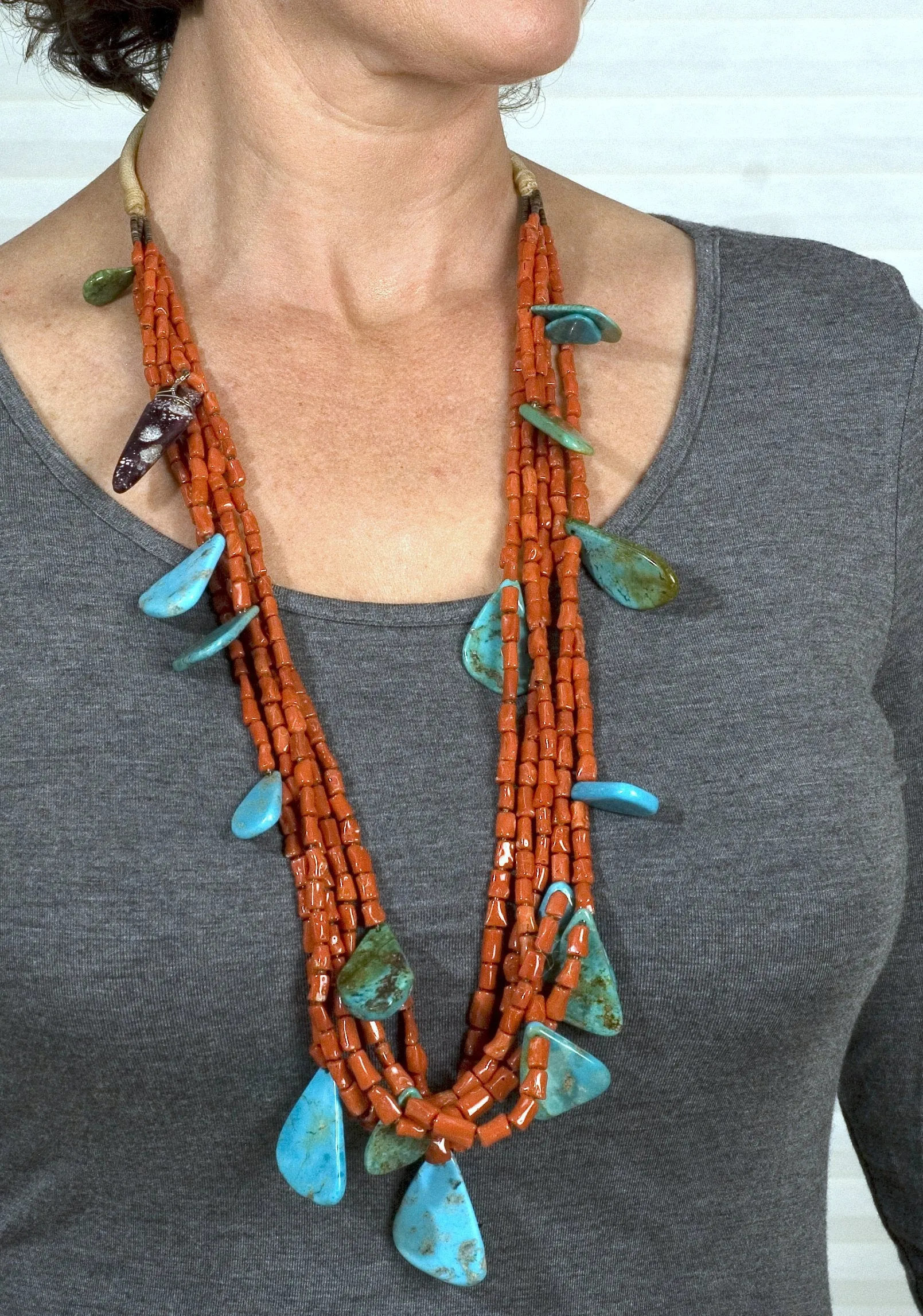 Turquoise & Coral Necklace Native American Santo Domingo Pueblo Made