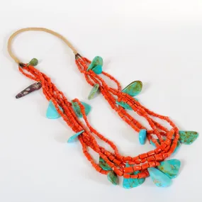 Turquoise & Coral Necklace Native American Santo Domingo Pueblo Made