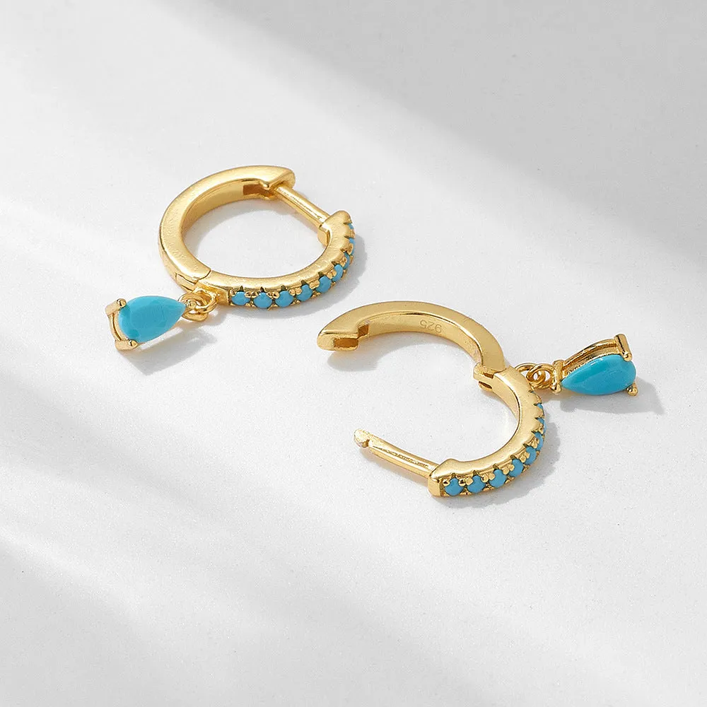 Water Drop Turquoise Silver Hoop Earrings