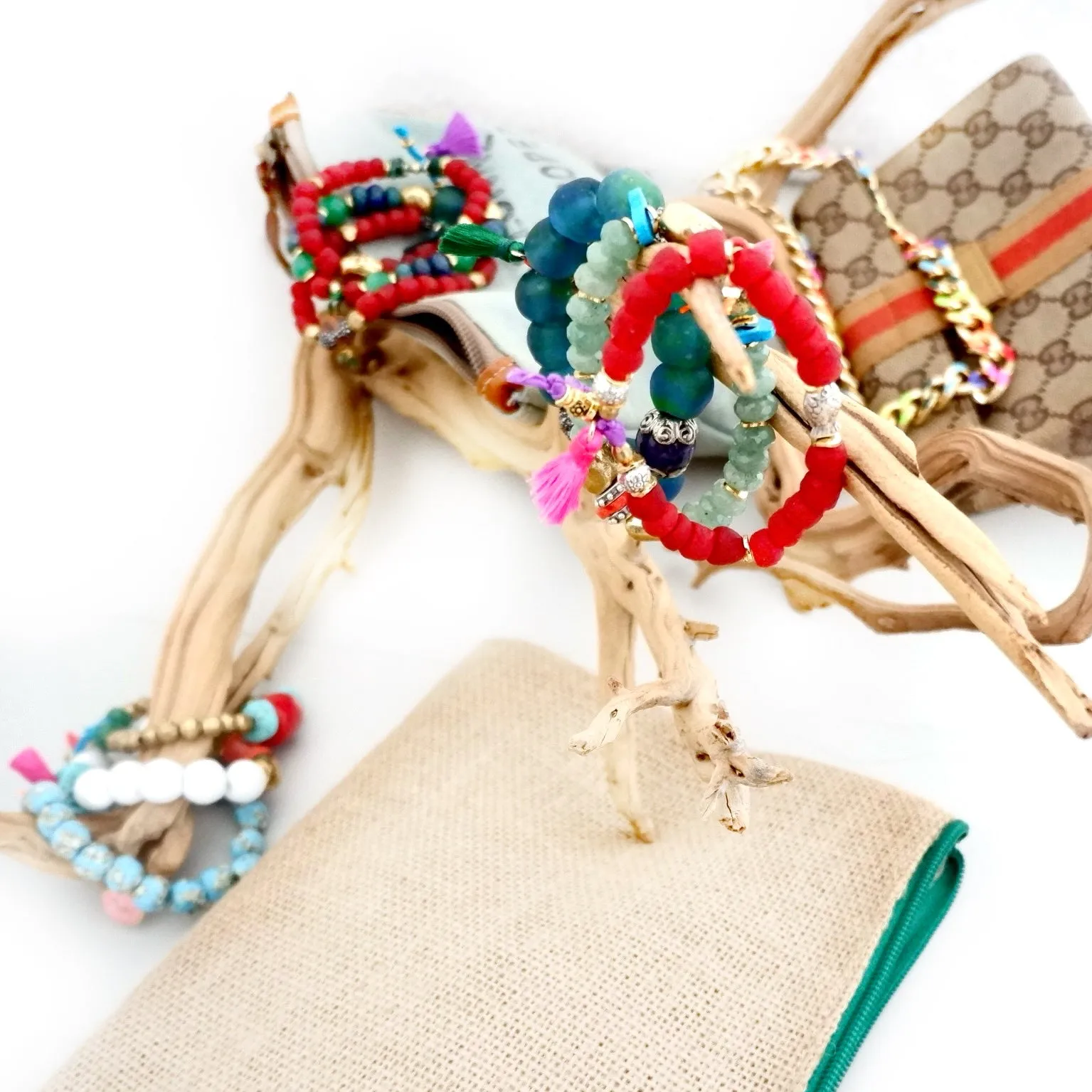 white pebbles and coral bracelet