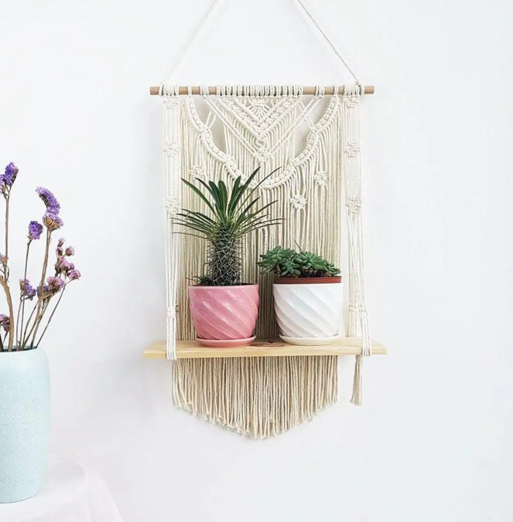 Wooden Floating Shelf Wall Hanging Macrame Planter