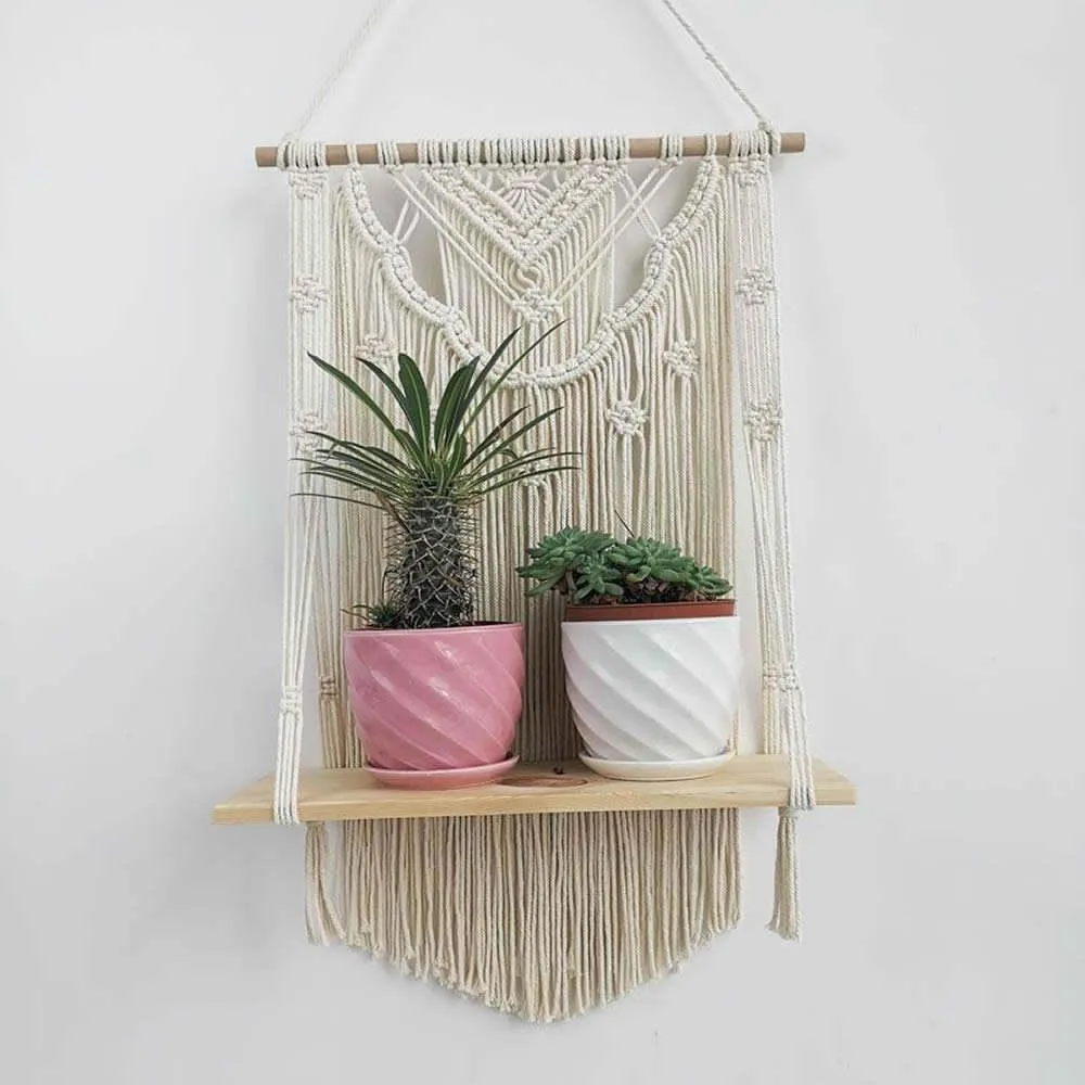 Wooden Floating Shelf Wall Hanging Macrame Planter