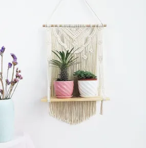 Wooden Floating Shelf Wall Hanging Macrame Planter