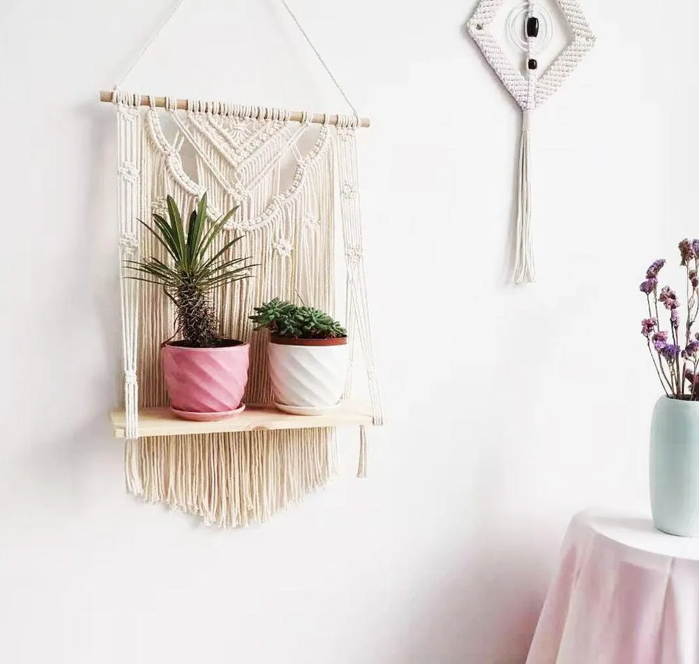 Wooden Floating Shelf Wall Hanging Macrame Planter